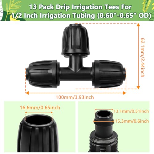 13 Pcs 1/2 Inch Drip Irrigation Tee Fittings, Drip Line Lock Nut Barbed Tee Connectors For 1/2 Inch Drip Tubing (0.60"-0.65" OD) Garden Irrigation System Anti-drop Connection Parts - size: 1/2 inch Tee
