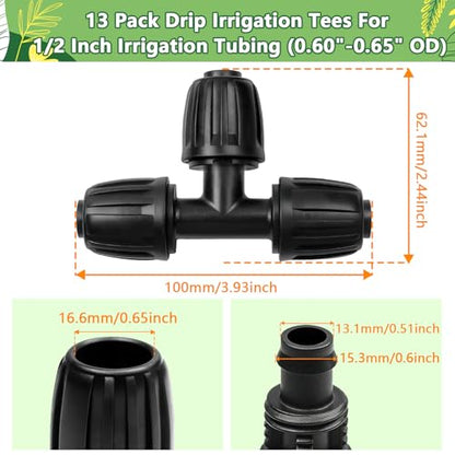 13 Pcs 1/2 Inch Drip Irrigation Tee Fittings, Drip Line Lock Nut Barbed Tee Connectors For 1/2 Inch Drip Tubing (0.60"-0.65" OD) Garden Irrigation System Anti-drop Connection Parts - size: 1/2 inch Tee