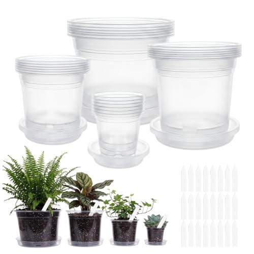 24Pack Clear Nursery Pots with Drainage - 4/6/8/10 Inch Plastic Plant Pots with Saucers & Plant Label, Large Clear Nursery Pots for Indoor Plants, Succulents, Flowers, Seedlings, Herbs, Vegetables