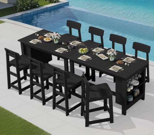 SERWALL 10-Piece Outdoor HDPE Counter-Height Bar Dining Set for 8, Black - color: Black, size: 10 Piece Bar Set