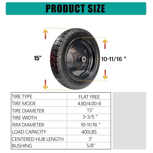 15" Flat-Free Wheelbarrow Tire and Wheel - 4.80/4.00-8 Solid PU Tire, Puncture Proof Replacement Tires, Fits 5/8" Bushing & Axle Bore for Utility/Garden Carts (2-Pack, Black) - size: 15"/4.00-8