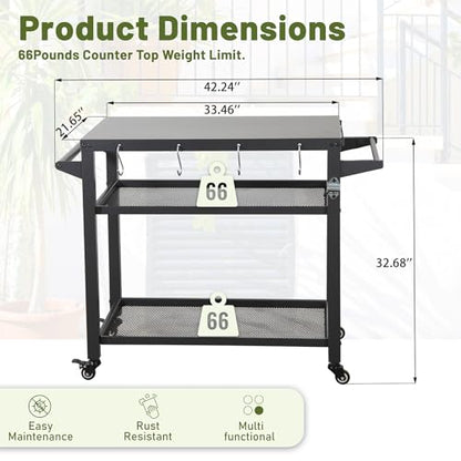 Domi 3-Shelf Outdoor Grill Table, Grill Cart Outdoor with Wheels, Pizza Oven and Food Prep Table, Blackstone with Propane Tank Hook, BBQ Stand for Blackstone Griddle for Outside BBQ - style: Galvanized Steel Tabletop+Mesh Shelf