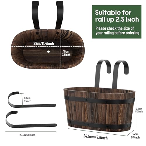 2-Pack Hanging Flower Pots with Drainage Holes, Wooden Railing Planters - color: Carbonized-2pcs, size: Small