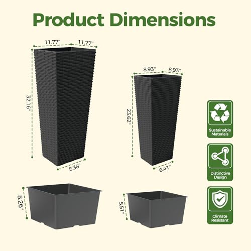 24 Inch Tall Outdoor Planters with Rattan Texture - Set of 2, Large Flower Pots for Patio, Garden, Indoor & Outdoor Use, with Removable Inner Pot & Drainage Holes - color: Black, size: 24inch + 32inch