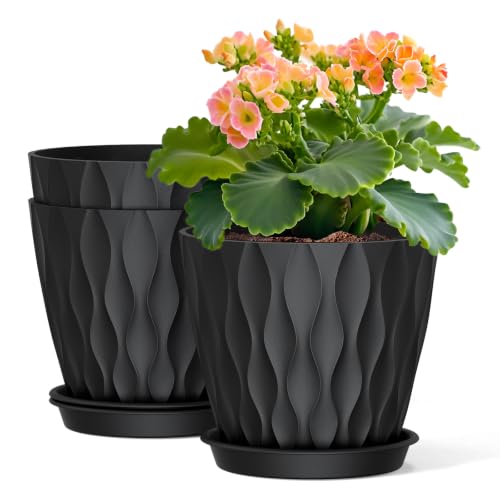 Plant Pots for Indoor Plants 3 Pack 8" Plastic Planters with Drainage Holes - color: Black, size: 8 in 3pcs