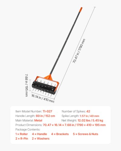VEVOR Rolling Lawn Aerator, 15 in Manual Push Aerator Roller with 42 Spikes & 60 in Long Handle, Fillable Drum for Added Weight, Heavy-Duty Lawn Soil Penetrator for Garden Yard Compacted Soils - size: 15-inch, style: Rolling