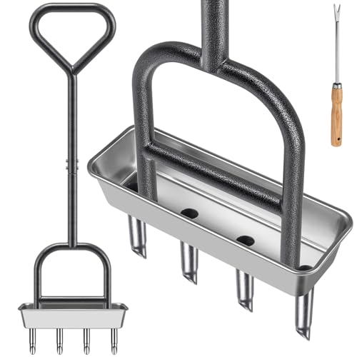 Dolibest Lawn Coring Aerator, Manual Lawn Aerator, 4 Stainless Steel Corer Plug Aerator with Triangular Handle, Pre-Assembled Manual Grass Aerating Tool & Storage Tray for Improving Lawn Health - color: D: 4 Plugs Coring Aerator with Storage Tray