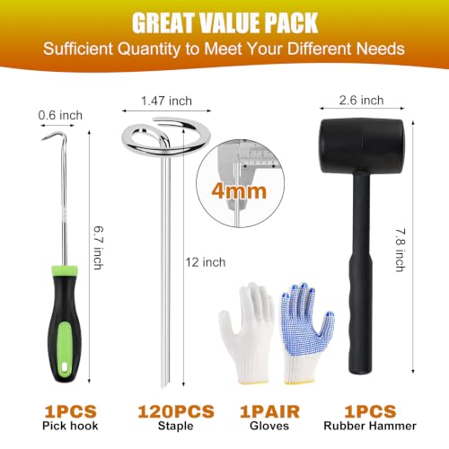 Landscape Fabric Staples,12INCH 120PCS Circle Top Garden Nails with Rubber Hammer,Hook and Gloves,G-Shaped Galvanized 4.0mm Weed Barrier Fabric Yard Pins,Anti-Rust Lawn Pegs for Sod,Turf,Geotextile