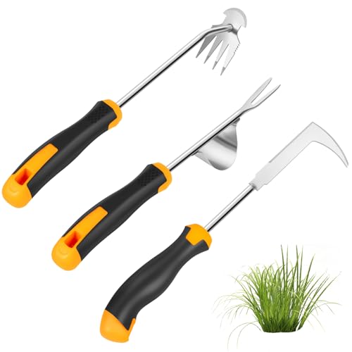 Garden Uprooting Weeding Tools - 3 Pack Hand Held Weeder Puller Tool Set, Rubber Handle, Weed Remover for Garden Farm Weeding
