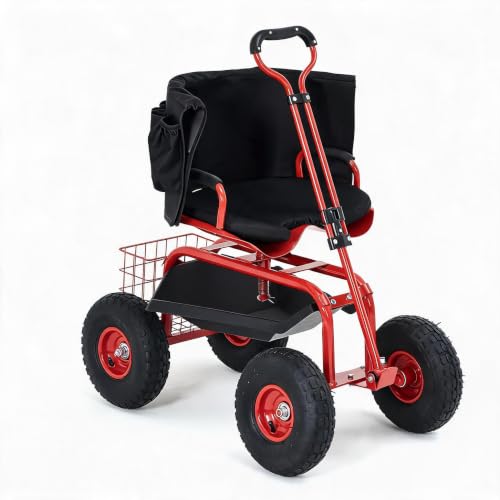 Rolling Garden Cart with Seat, Garden Workseat with 360-Degree Swivel - color: Red+backrest