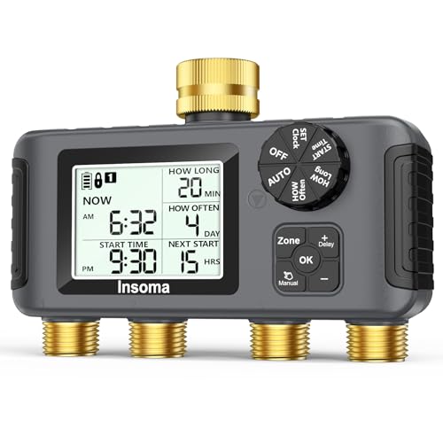 Insoma 4 Zones Sprinkler Timer with Brass Inlet & Outlet, Water Timer for Garden Hose with Auto/Manual/Rain Delay Mode, Hose Timers for Irrigation Watering System for Yard, Lawn, Plant Watering - color: Grey Black, size: 4 Outlets