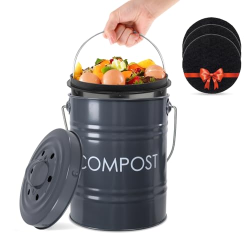 Vipush Compost Bin Kitchen Countertop Composter with lid – Small Compost ContainerI Includes Inner Compost Bucket Liner & Charcoal Filter, Grey
