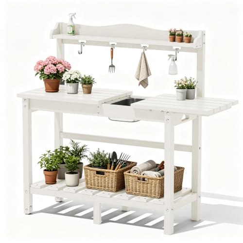 PLUUV Potting Bench with Removeable Sink, Garden Potting Table, White
