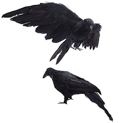 Etistta 2-Pack Realistic Crows Lifesize Extra Large Handmade Black Feathered Crow for Halloween Decorations Birds, L (13 inch+12 inch) - size: L (13in+12in)