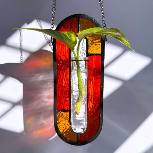 LITMIND Transparent Stained Glass Propagation Station - Handcrafted Suncatcher Hanging Planter with 2 Glass Tubes, Multi-Color Hydroponic Wall Décor for Windows, Home & Garden - color: Style C07 (Red Horizon)