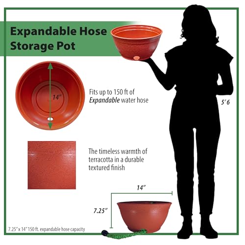 EMSCO Expandable Hose Hider – Expandable Hose Storage Pot – Rustic Terra Cotta - size: 14 x 7 inches
