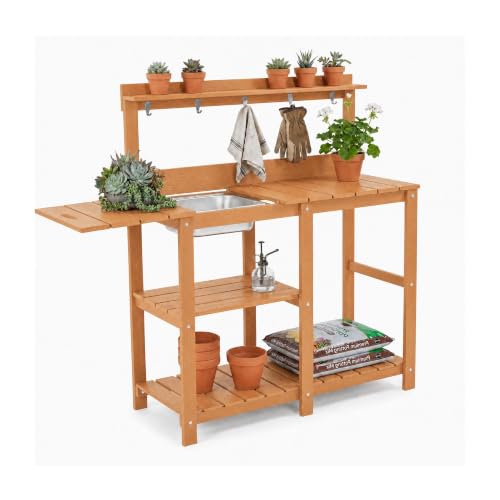 Outdoor Potting Bench Table with Metal Basin - color: Teak Finish