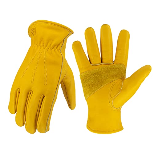 Leather Work Gloves for Men & Women, Reinforced Durable Gardening Gloves,Cowhide Work Gloves,Puncture & Cut Resistant - color: Golden, size: X-Large