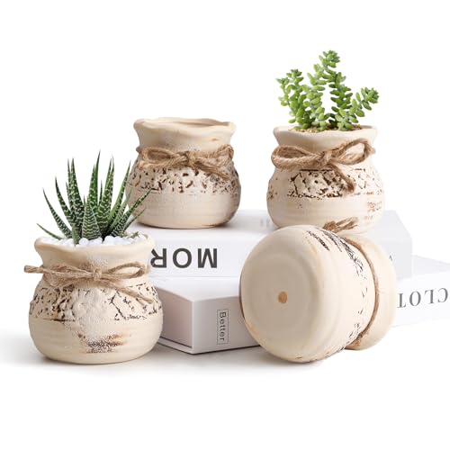 T4U Succulent Pots Set of 4, 3.5 Inch Small Plants Pots, Small Ceramic Pots with Drainage Holes, Succulent Planters for Indoor Plants, Succulent Gift for Women, Mom, Plant Lover, Bookshelf Decor - color: Yellow+dark Brown