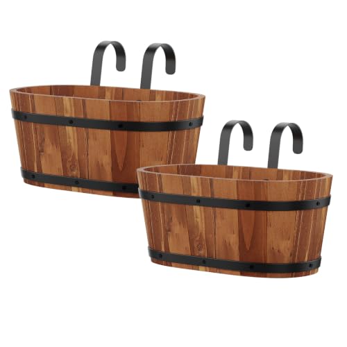 2-Pack Wooden Hanging Planters 13" Railing Flower Pots with Drainage Holes - color: Brown-2pcs, size: Large