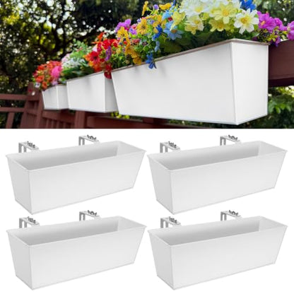 Metal Railing Planter, 16 Inch Rectangular Window Box with Adjustable Brackets, Drainage Holes, for Balcony Deck, 4 Pack (White, Rectangular) - color: White