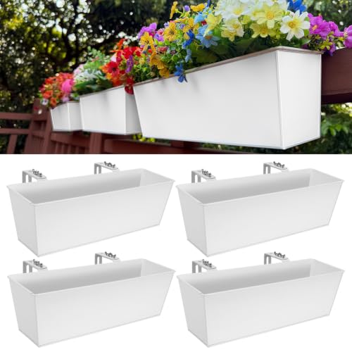 Metal Railing Planter, 16 Inch Rectangular Window Box with Adjustable Brackets, Drainage Holes, for Balcony Deck, 4 Pack (White, Rectangular) - color: White