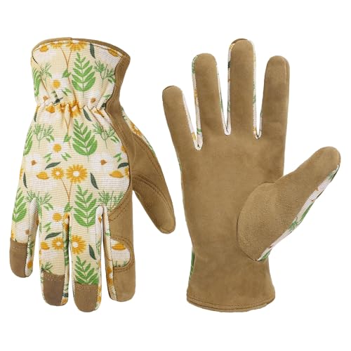 HANDLANDY Work Gloves for Women, Breathable Leather Gardening Glove for Yard Maintenance, Hand Protection with Touch Screen - color: Flower Khaki, size: Small (Pack of 1)