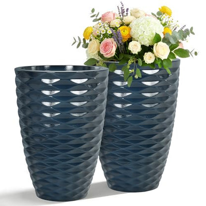 19" Wavy Ceramic-Look Outdoor Planters for Plants Set of 2 Tall Pots - color: 19"h-navy Blue Wavy