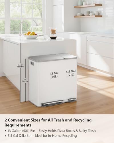 Lovewind Double Trash Can Kitchen, 13+5.5 Gallon Stainless Steel Dual Trash and Recycle Bin Combo with Silent Close Lid, Heavy-Duty Foot Pedal, Easy to Clean Garbage Can for Large Families, White - color: White, size: 13+5.5 Gallon