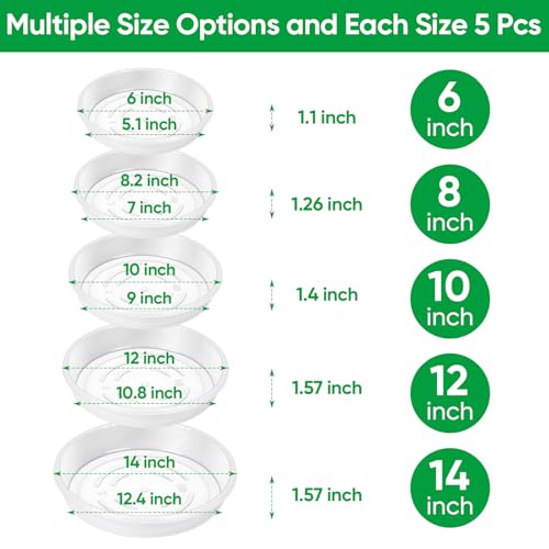 25 Pack Plant Saucer Tray, 6/8 / 10/12 /14 inch Heavy Duty Flower Pot Trays, Plastic Plant Saucer for Indoor & Outdoor Plants, Plant Trays to Catch Water, 5 Pieces of Each Size - size: 6/8/10/12/14 inch