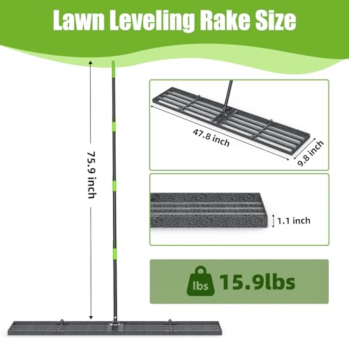 GARDTECH 48x10 Inch Lawn Leveling Rake Heavy Duty Adjustable Handle Yard Tool – Reinforced Steel Landscape Rake for Lawn Leveling, Soil Grading, Golf Course & Backyard Care - size: 48''x10''