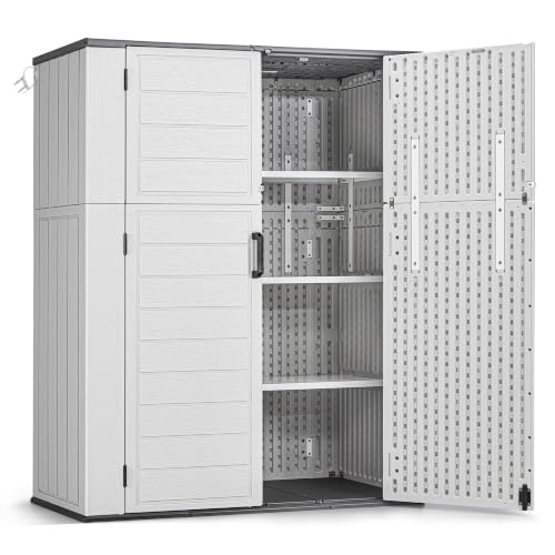 Macrout 50 Cu.Ft Plastic Outdoor Storage Cabinet with Shelves, 4.5 x 2 ft Waterproof Resin Outdoor Storage Shed with Floor, Lockable Vertical Shed for Garden and Patio ST2269 - size: Medium