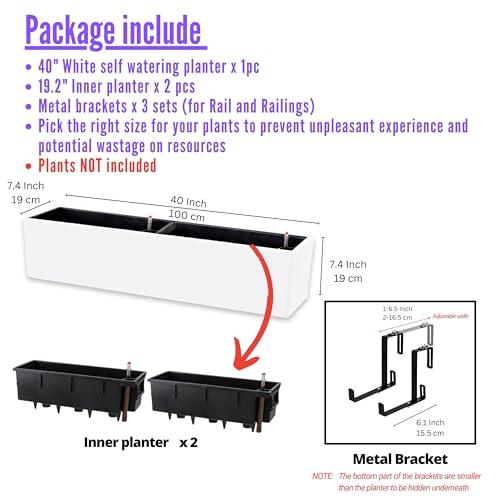 LaLaGreen Hanging Planter Boxes (1 Pack, 40") Large White Rectangular Window Flower Box with Bracket, Self Watering System Railing Planters for Outdoor Plant Container Deck Rail Fence Balcony Garden - color: 40" X 1 (White)