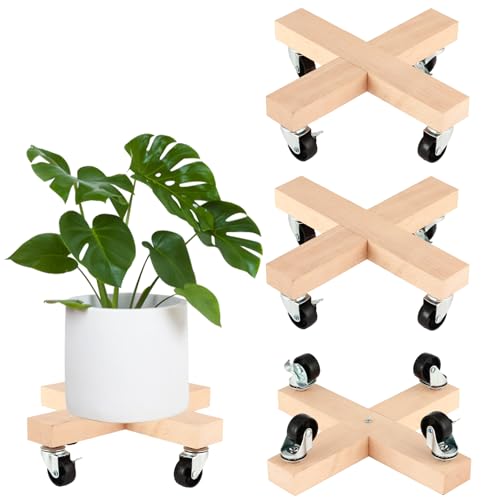 3 Pack Wooden Plant Caddy with Wheels 12 Inch Rolling Plant Stand on Wheels Heavy Duty Plant Dolly for Large Plants Plant Roller with Wheels Planter Wheels Base Indoor & Outdoor - color: Beech Wood, size: 12" - 3 Pack