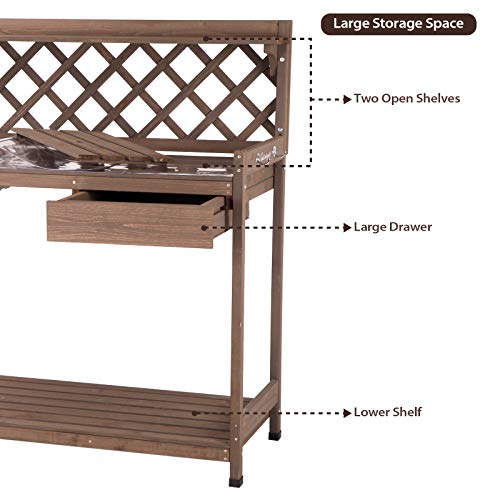GUTINNEEN Potting Bench Garden Table for Plants Outside Outdoor Wooden Garden Work Bench with Sink Storage PVC Layer Drawer Shelf Hook for Gardening