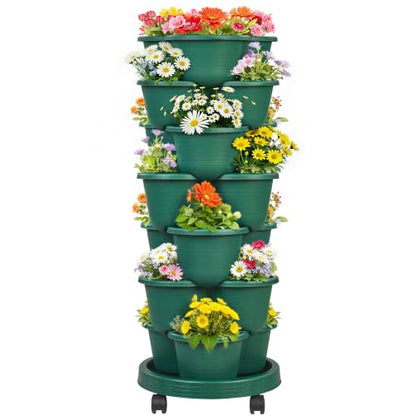 VECELO 7 Tier Vertical Garden Planter, Self Watering Stackable Planters with Wheels for Strawberries, Herbs, Flowers, Vegetables, Dark Green - color: Dark Green, size: 7 Tier