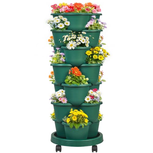 VECELO 7 Tier Vertical Garden Planter, Self Watering Stackable Planters with Wheels for Strawberries, Herbs, Flowers, Vegetables, Dark Green - color: Dark Green, size: 7 Tier