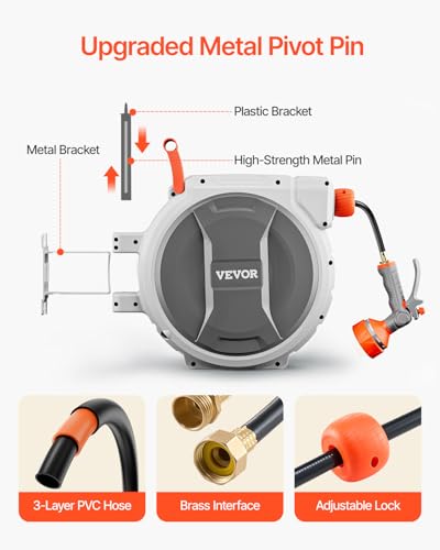 VEVOR Retractable Garden Hose Reel, 5/8 Inch x 100 ft Wall Mounted Hose Reel, Heavy Duty Garden Hose Reel with 9 Patterns Nozzle, Any Length Lock, Upgraded Slow Return System and 180°Swivel Bracket - size: 5/8 in x 100 ft