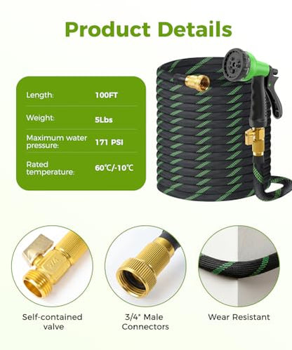 100ft Garden Hose，Non-Expandable Water Hose with 8 Function Spray Nozzle, Burst-Resistant，Kink-Free，Lightweight，Durable & Flexible 3/4" Garden Hose for Gardening, Yard，Lawn, Car Washing - size: 100ft