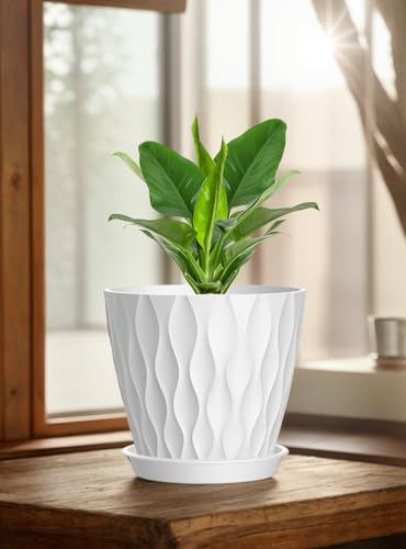 Set of 6 Plant Pots 4 inch Pots, Plastic Planters with Drainage Holes and Saucers,Plastic Flower Pots,Nursery Planting Pot for Indoor Out Door Plants（White） - color: White