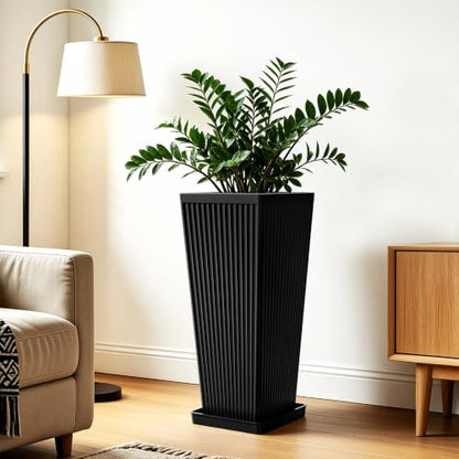 24" Tapered Tall Planters for Outdoor Plants with Tray&Shelf, Black - color: Black2-smooth