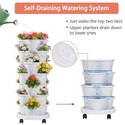 VECELO 7 Tier Vertical Garden Planter, Self Watering Stackable Planters with Wheels for Strawberries, Herbs, Flowers, Vegetables, White - color: White, size: 7 Tier