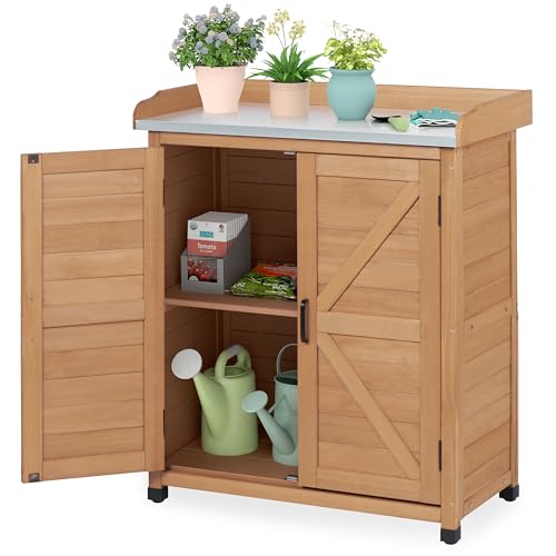 Outdoor Storage Cabinet & Potting Bench Table with Metal Top, Wooden Patio Furniture, Garden Workstation (Light Brwon, 39x31.5x17in) - color: Light Brwon, size: 39x31.5x17in