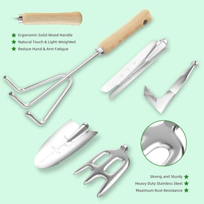 Garden Tools Set, 9-Piece Heavy Duty Gardening Tools with Clear Pocket Tote Bag, Stainless Steel Garden Hand Tools for Digging, Planting, Weeding and Pruning, Durable Gardening Kit - style: Green