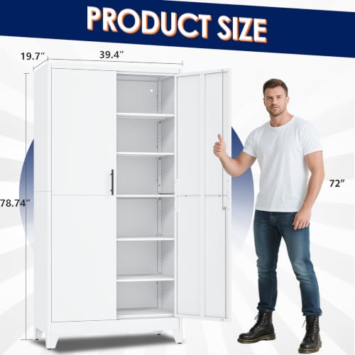 erosoei 79" H Metal Garage Storage Cabinet, White 2‑Door Metal Pantry Cabinet, Steel Locker Cabinet with 5 Adjustable Shelves, Freestanding Cupboard for Garage, Office, Home, Gym, School - color: White, size: Upgraded Version-78" NCasNLck