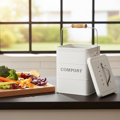 Compost Bin Kitchen Countertop Indoor Compost Pail Bucket, Great for Food Scraps, Carbon Steel, Handles, White, 1 Gallon - Includes Charcoal Filter - color: White