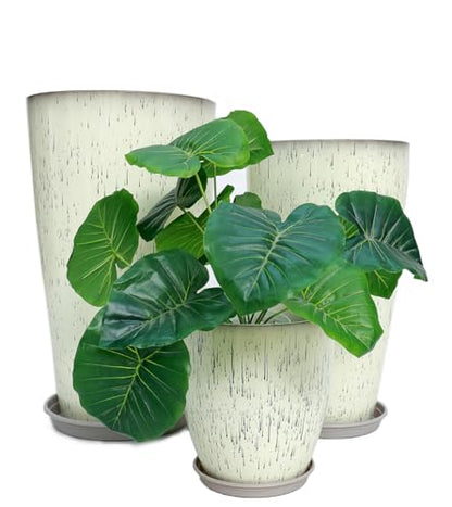 24,21,11 Inch Large Plastic Planters with Drainage Hole and Saucer - Set of 3 Tall Plant Pots Indoor Flower Pot Tall Round Planters Outdoor Large Tall Planter - color: White Glaze Color