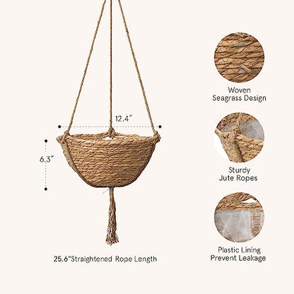 LA Jolie Muse Seagrass Hanging Planters, Set of 2, 12.4" D x 6.3" H, Brown - size: Large