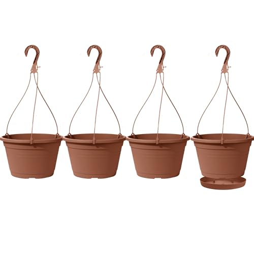 4 Pcs Hanging Planters for Indoor Plants,10" Large Plastic Hanging Basket with Drainage Trays & Chain Holder for Outdoor Indoor Plants Garden Balcony Decoration, Brown - color: Brown