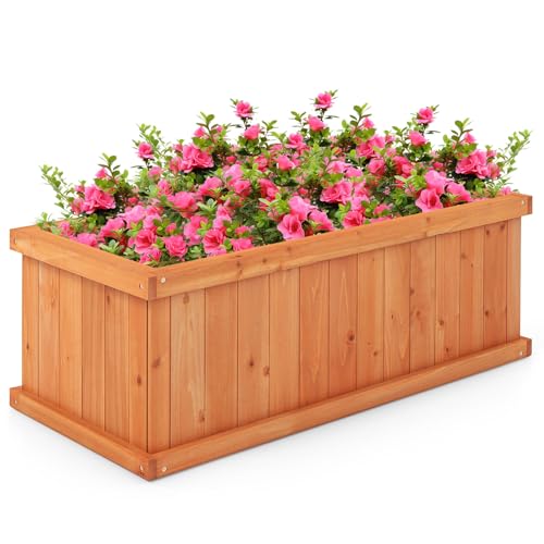 GIANTEX Raised Garden Bed, 31”x14”x12” Wooden Planter Box with 4 Drainage Holes & Detachable Bottom Panels, Elevated Flower Bed, Rectangular Plant Container for Vegetables, Herbs & Fruits, Orange - color: Orange, size: 31"x14"x12"